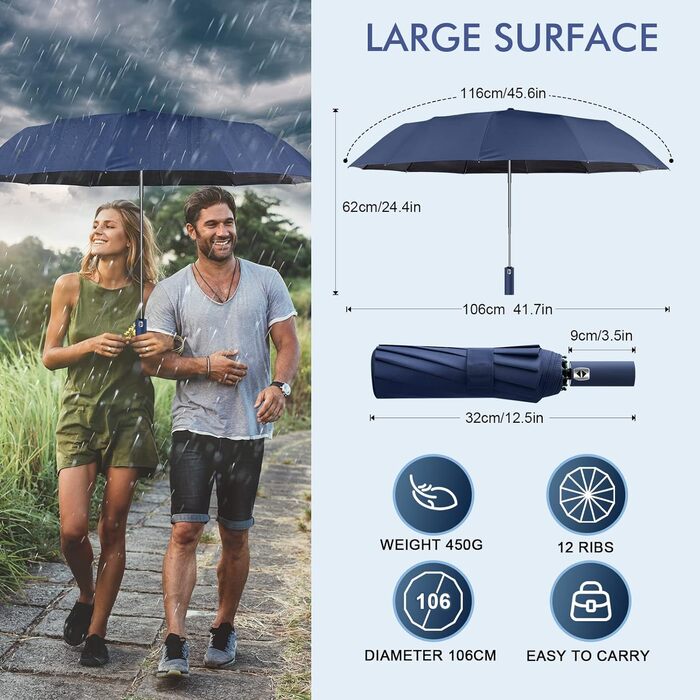 LAMA Гольф-парасолька LAMA: Стійкий до вітру, автоматичний парасолька 105см, 12 спиць, нейлон 210T, анти-UV, для подорожей (Темно-синій)