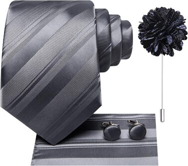 Комплект краваток для чоловіків Hi-Tie: краватка, нагрудна хустинка, кравецькі шпильки, запонки, формальний шовк, для весілля та свят (смугастий темно-сірий)