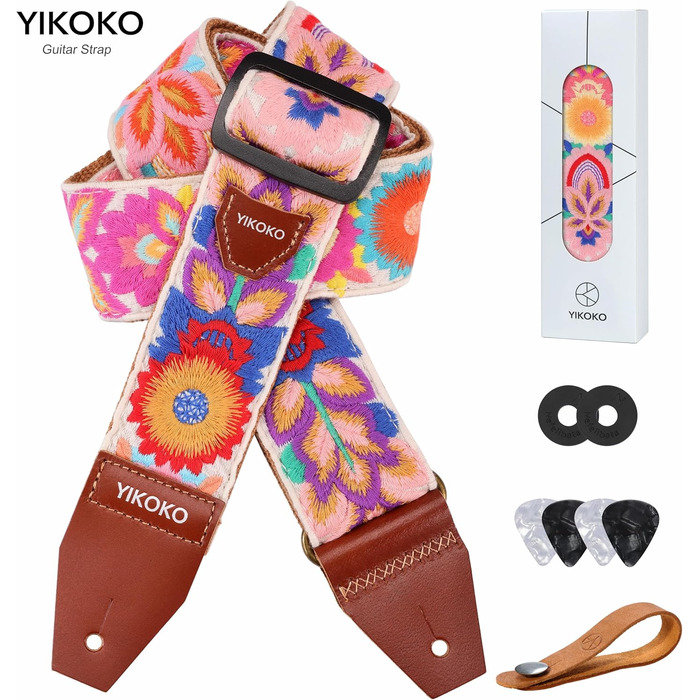Гітарний ремінь 5,1 см з бавовни з шкіряними кінцями для бас-гітари, електрогітари та акустичної гітари (Квітка, кольорова 03)