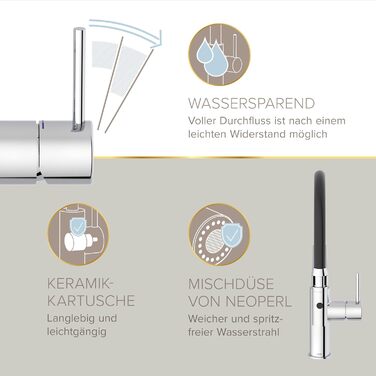 Кухонний змішувач Lenz NALU - матовий, з висувною лійкою, 2 режими, економія води, антижир, монтаж зверху, 46070422 (хром)