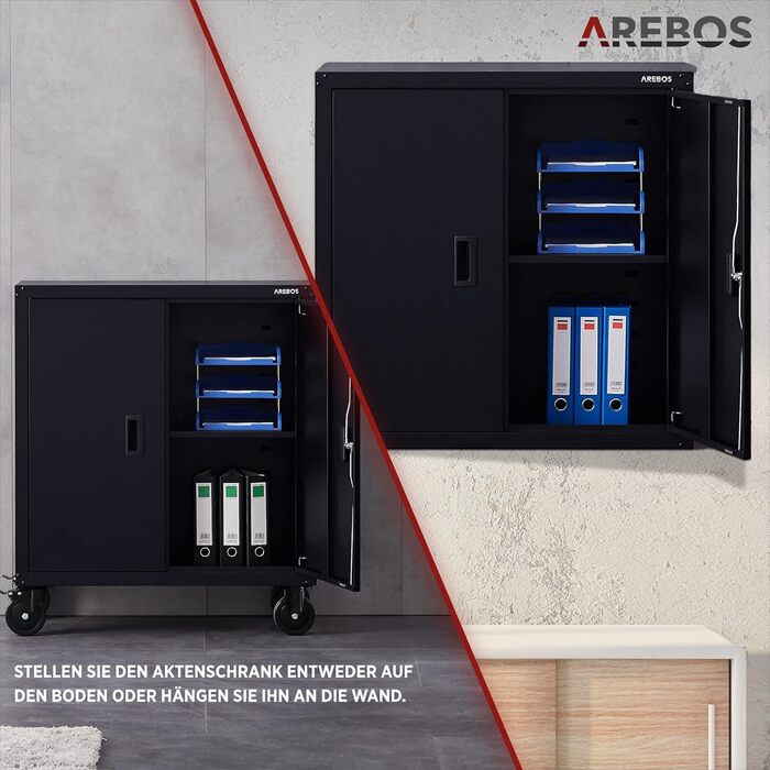Металевий офісний шафа Arebos, чорний, 90x90x40 см, регульовані полиці, на колесах