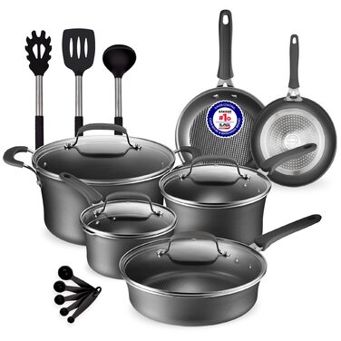 Набір посуду 14 предметів з антипригарним покриттям Cookware Set – каструлі з кришками, сковороди для газових, електричних, керамічних та індукційних плит – чорний колір