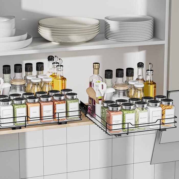 Висувна полиця для спецій у шафу, 2 яруси, регульована висота, чорний колір, органайзер для спецій, органайзер для кухні (22.2 x 26.4 x 5.6 см)