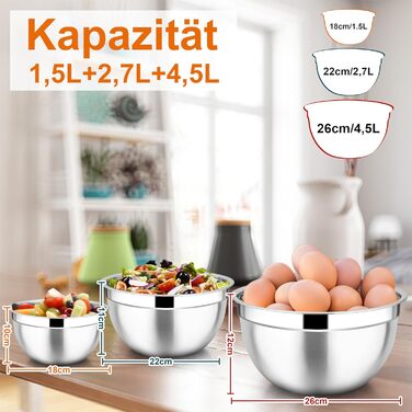 Набір мисок Joyfair 3 шт. з нержавіючої сталі з кришками, 4.5L/2.7L/1.5L - для змішування, сервірування, приготування їжі, сумісні з посудомийною машиною