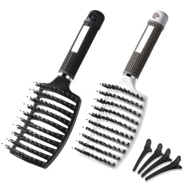 Щітка для волосся Lictin з щетиною дикого кабана (2 шт.) - для жінок, чоловіків та дітей. Розгладжує, не тягне, підходить для кучерявого та довгого волосся. Антистатична, з 4 зажимами. Чорний+Білий