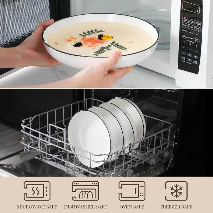 MALACASA Набір посуду 6 шт. з порцеляни: тарілки для пасти, супу, салату, сервірування. Білий з чорним обідком, 1250 мл