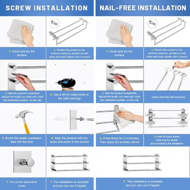 Тримач для рушників Lannvan без свердління, висувний 37-70см, нержавіюча сталь, для ванної кімнати та кухні, 2 способи встановлення, сріблястий