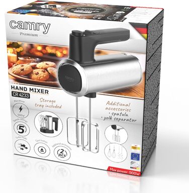Міксер ручний CAMRY 900W з аксесуарами: 5 швидкостей, Turbo, 3 насадки (крюк, вінчик, вінчик)