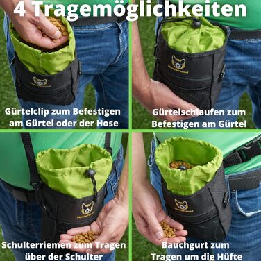 Сумка для корму для собак великих порід, 4 в 1 | Для тренувань, з бананкою, кліпсою, лямками | 4 відділення для ласощів (19x14x7 см)