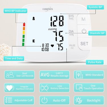 Тонометр EUROPAPA на плече для дому, вимірювання пульсу та артеріального тиску, велика манжета (22-42 см), 2 * 60 пам'ять, для 2 користувачів