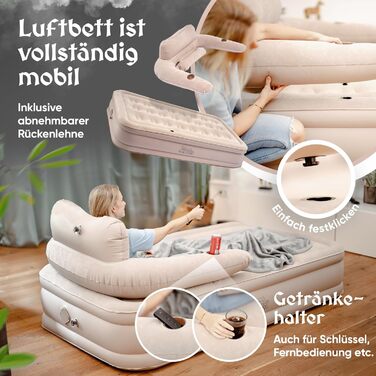 Надувне ліжко 3-в-1 | Гостьове та кемпінгове ліжко | Надувна матрац з електропомпою 150x200 | Самостійно надувна повітряна матрац (1 особа, Бежевий)