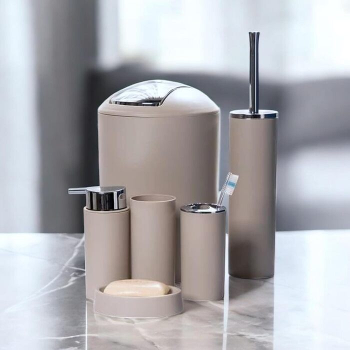 Набір аксесуарів для ванної кімнати 6tlg Badset: мильниця, стакан для зубних щіток, відро для косметики, щітка для унітазу з тримачем, мильниця, сміттєвий бак, тримач для зубних щіток, набір для ванної кімнати (бежевий дизайн 2a)