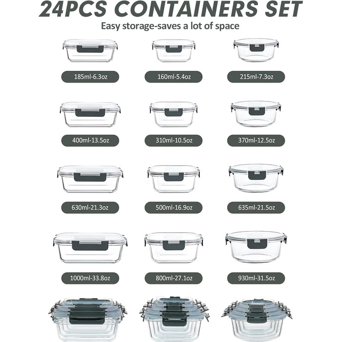 Набір контейнерів Verones 24 шт. з кришками, сірі, повітріодні, для зберігання продуктів, скляні, миються в посудомийній машині, морозостійкі