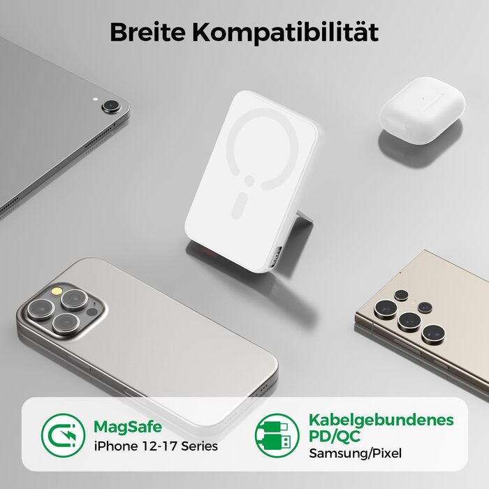 Пауербанк MagSafe, 12000mAh, 22.5W PD, USB-A, бездротова зарядка, Type-C, LED, для iPhone 17/16/15/14/13/12/Pro/Pro Max, білий