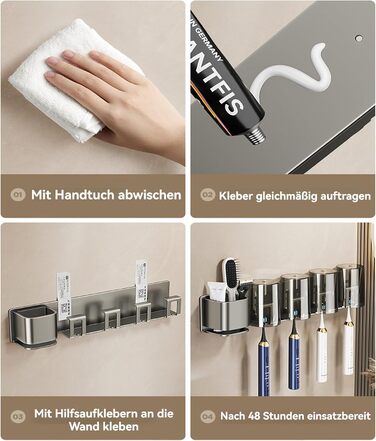 UUE Toothbrush Holder, 4 Compartments Toothbrush Holder Electric Toothbrush Holder for Toothbrushes and Rinse Cups, Stainless Steel Toothbrush Holder with 4 Cups, No Drilling, Self-Adhesive, for Bathroom