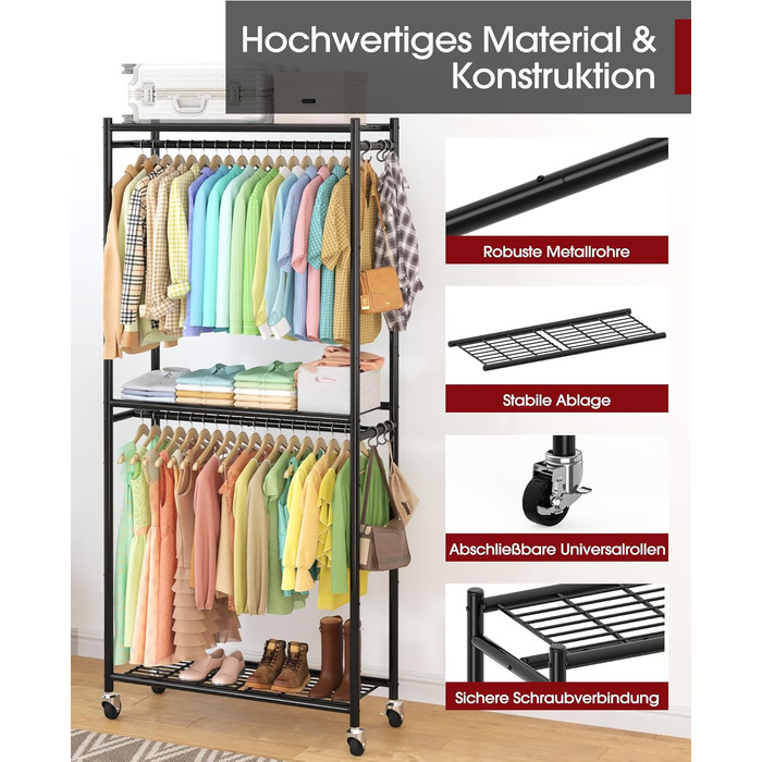 Стійка для одягу на колесах з полицями та гачками, металева, 84 x 31 x 202 см, чорна