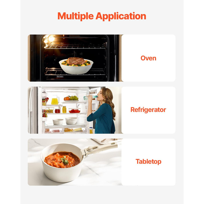 Каструля VEVOR з кришкою з термостійкого скла, антипригарна, індукційна, для кухні кемпера, приготування соусів та смаження (біла, зі знімною ручкою)