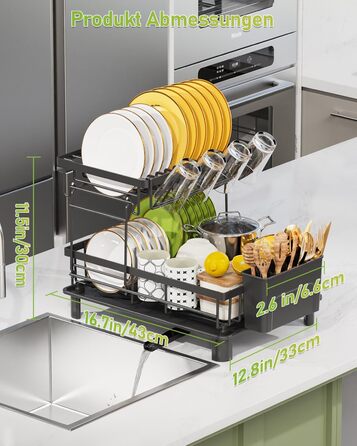 LIONONLY Dish Drying Rack, Large 2-Tier Dish Drying Rack with Drip Bowl, Stainless Steel Dish Drying Rack with Utensil Holder, Beverage Holder, and Swivel Spout, Dish Drying Stand Kitchen
