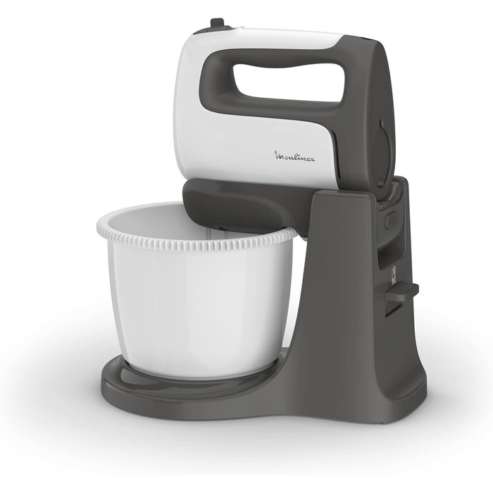 Moulinex HM4641 Prep'Mix+ electric hand mixer, with stainless steel whisk and dough hooks for stirring, whisking, and beating, self-rotating bowl with 2.5 l capacity, 5 speeds, and