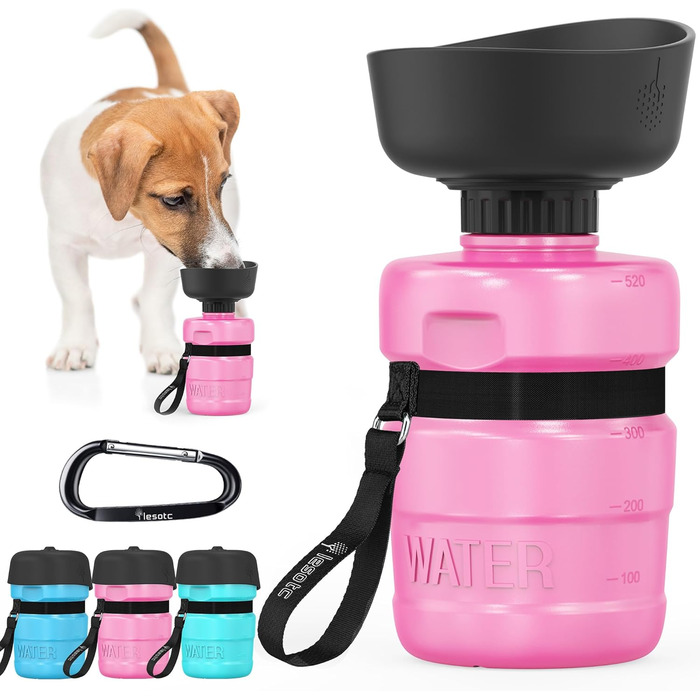 Складана пляшка для води для собак Lesotc 520мл, рожева, для прогулянок, подорожей та кемпінгу