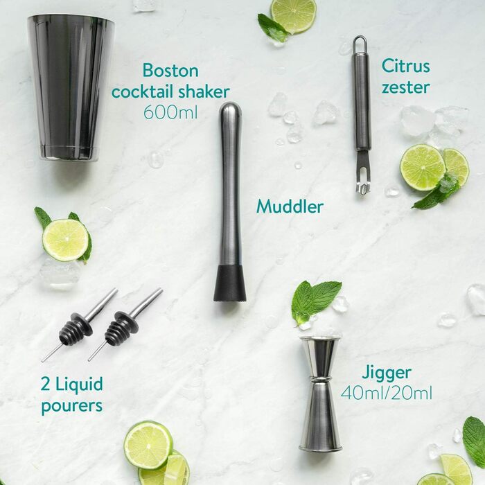 Набір для приготування коктейлів Navaris: шейкер, міксер та аксесуари (11 шт.) з рецептами - професійний барний аксесуар, чорний
