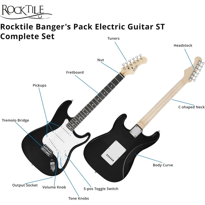 Електрогітара Rocktile ST-Pack Black Комплект (підсилювач, тюнер, тремоло, чохол, кабель, ремінь, медіатори, запасні струни та підручник з CD/DVD)