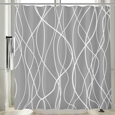 Шторка для душу M&W Design з поліестеру, з лініями, антигрибкова, водовідштовхувальна, з 12 C-кільцями, з обтяженим краєм, мінімалістичний дизайн, стійка до вицвітання, 180x200 см, білий (H200 x B180 см, упаковка 1 шт.), сірий