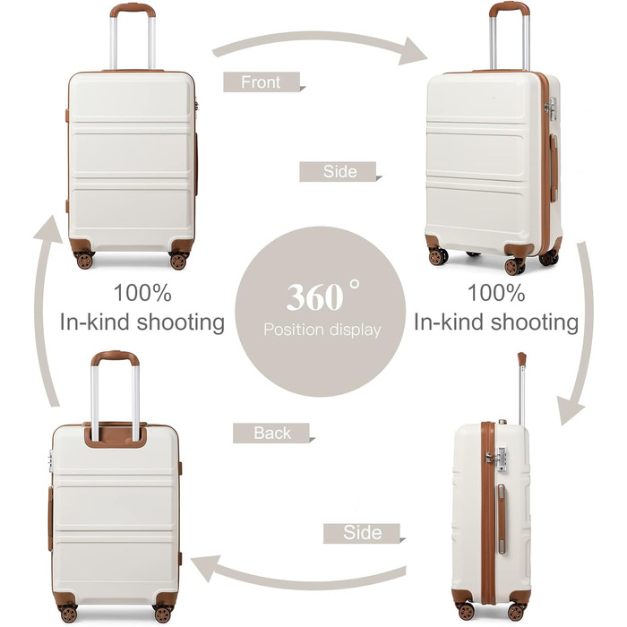 Набір валіз KONO 4 в 1 з косметичкою, ABS, великий, середній, маленький, з TSA замком (кремовий білий)