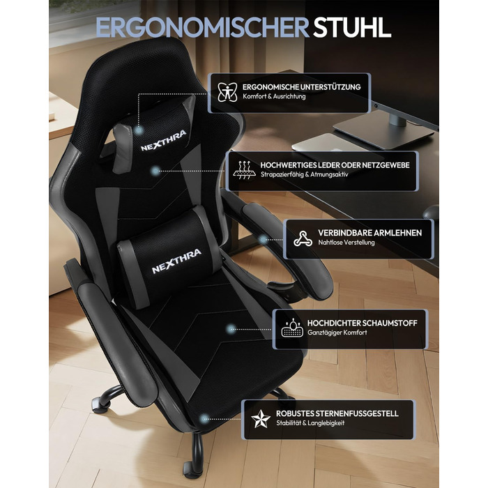 Геймерське крісло Nexthra Ergonomisch з підставкою для ніг, до 180 кг, чорне. Регульована спинка 150°, для геймінгу та офісу