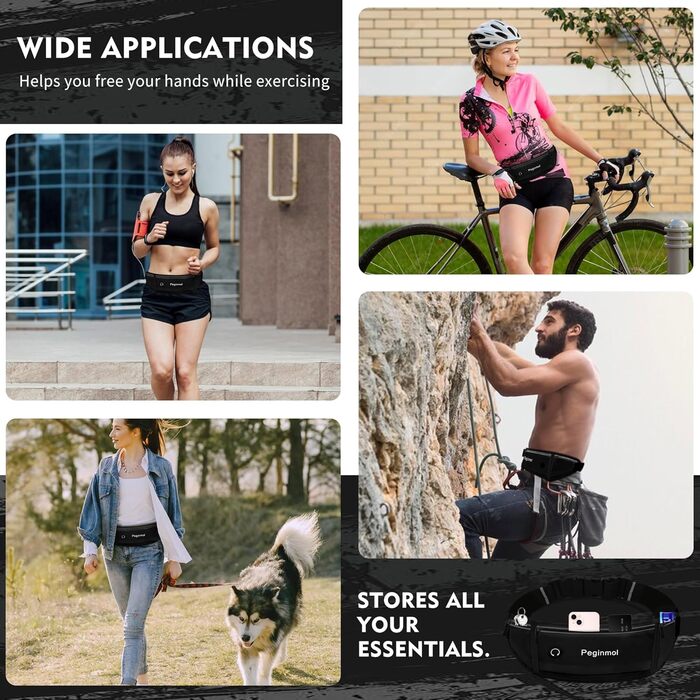 Пояс для телефону, спортивний пояс-сумка для бігу, водонепроникний, для жінок та чоловіків з 3 кишенями, велика місткість, регульований пояс для бігу (Чорний + Зелений) (Чорний)