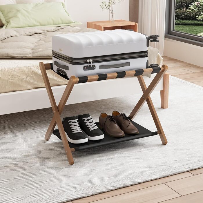 Smuxee Walnut Bamboo Luggage Rack for Guest Rooms, Folding Suitcase Stand with Storage Shelf, Lightweight Assembled Luggage Rack with 5 Nylon Straps for Guest Rooms Bedrooms Hotel