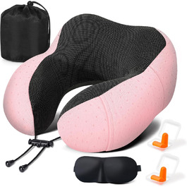 Подушка для шиї у літак - Подорожня подушка з Memory Foam - Подушка-вишенка з м'яким, дихаючим чохлом - Ідеально для кемпінгу, офісу, авто, літака, подушка для сну (Рожева)