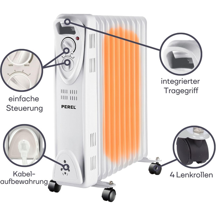 Масляний радіатор Perel 2500W з 11 ребрами, 3 режими, термостат, колеса, захист від перегріву та перекидання, тихий та енергоефективний для великих приміщень до 30 м²