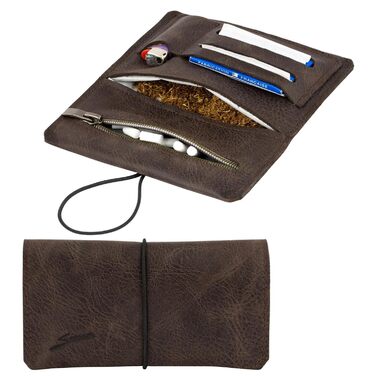 Leather Tobacco Pouch for 30g Tobacco Bags, Genuine Leather Rolling Pouch including Filter Compartment and Rolling Papers Holder (Dark Brown)