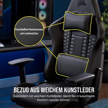 Ігрове крісло Corsair TC100 Relaxed з екошкіри, чорне, ергономічне, регульовані підлокітники, подушка для попереку та знімна подушка з піни пам’яті, стиль автоспорту