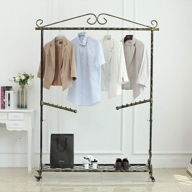 Clothes Rack Clothes Rail Coat Rack with Shoe Storage, Width 136cm, Vintage Style Metal Height Adjustable from 126 to 200 cm (Bronze Black with Wheels)