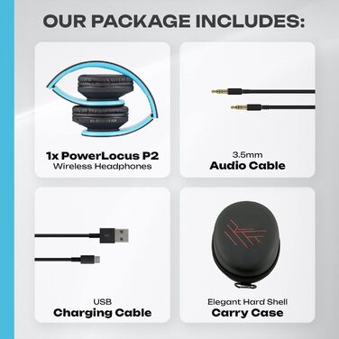 Бездротові навушники PowerLocus Over-Ear з Bluetooth, мікрофоном, складна конструкція, м'які амбушюри, Hi-Fi стерео звук, бас, для дітей та дорослих, TV/PC/Home Office (Чорний/Синій)