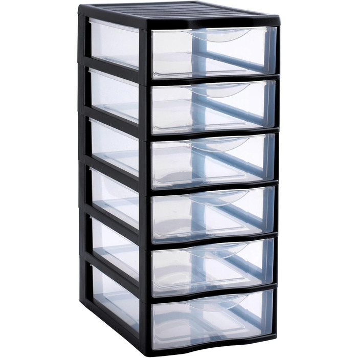 SUNDIS Orgamix, plastic drawer box, 6 transparent A4-size drawers, height 50 cm, stackable, ideal for storing office supplies, course materials, documents, accessories.