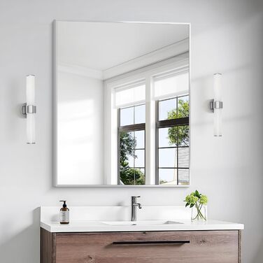 Дзеркало для ванної кімнати BONEWEI, 61 x 121,9 см, прямокутне, настінне, з рамою, косметичне, з заокругленими кутами, для спальні, вітальні, передпокою, горизонтальне (срібне прямокутне, 90x75 см)