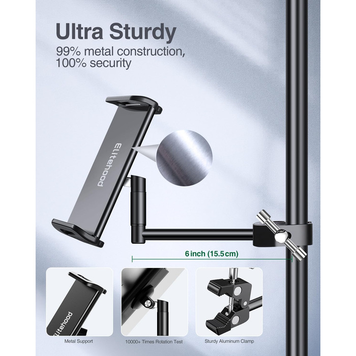 Алюмінієва підставка для iPad з мікрофонним кріпленням Elitehood, чорна