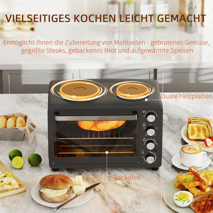 HOMCOM 28L Mini Oven 2600W Mini Oven 100-230℃ 60 Min. Timer, with 2 Warming Plates, Baking Tray and Grill Rack Pizza Oven with Crumb Tray, Tabletop Handle Black | Aosom