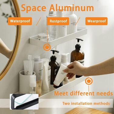 Biutimarden Shower Shelf No Drilling, Bathroom Shelf, Glass Shelf, Wall Mounting, Bathroom Shelf, Rectangular 8MM Tempered Glass, Self-Adhesive, Space Aluminum for Bathroom, Kitchen, Bathroom Accessories, 40CM White