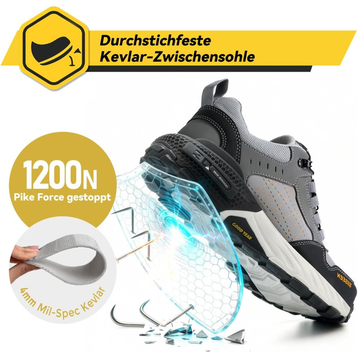 Чоловічі робочі черевики з металевим носком, легкі, дихаючі та міцні, з Clickers та захистом від проколів, неслизька підошва – робочі черевики для професій та будівництва (45 EU, Сірий)