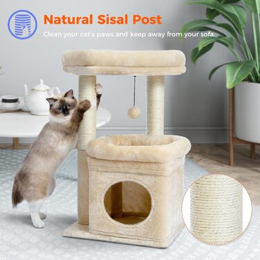 PAWZ Road Cat Tree, Multi-Tier Cat Tower with Sisal-Covered Scratching Post, Cozy Cat Condo & Large Cat Perch for House Cats, Beige