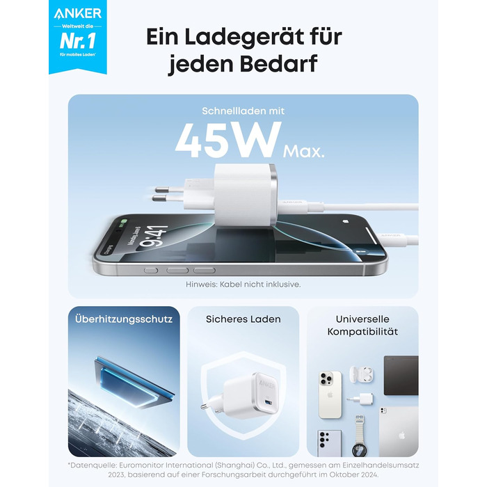 Anker Nano 45W USB-C Зарядний пристрій: Компактний мережевий адаптер для швидкої зарядки iPhone 17/Pro/Max, MacBook, Pixel, iPad, Samsung Galaxy (з кабелем 1.8м) - Білий