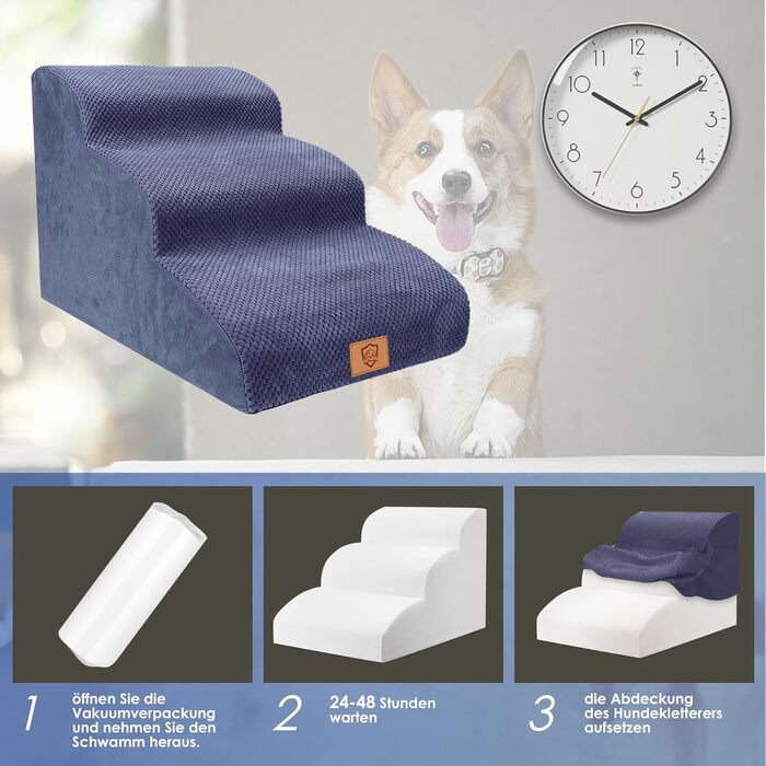 Dog stairs for small dogs, 4 steps pet stairs made of foam with a waterproof cover, detachable dog ramp cat stairs for sofa bed, send 1 fuzz roller (3 steps blue dog stairs)
