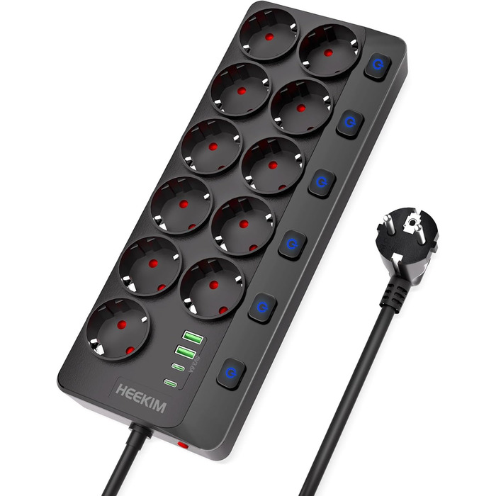 Мережевий фільтр HEEKIM з USB, 11 розеток, 2 USB-A та 2 USB-C, 4000W, 16A, з індивідуальним вимикачем, 2м кабель, для дому, школи, офісу, чорний