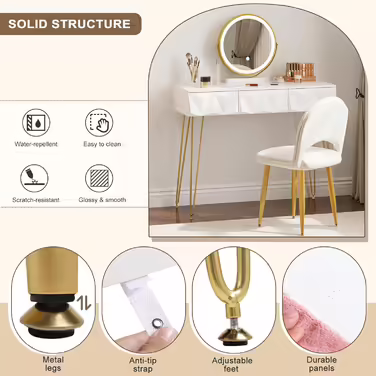 EUGAD Vanity Table with Stool and Mirror, 360° Swivel Makeup Mirror, Dressing Table Cosmetic Table with 2 Drawers, Upholstered Velvet Stool, 3D Effect Drawer, White and Gold (100x40cm, with LED Lighting)