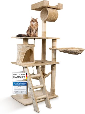 Кігтеточка для котів Foxdevil від xonic® - багатофункціональна кігтеточка з оглядовою платформою, гамаком, затишною печерею, іграшковою шнуркою, сходами – 141 см – (Бежевий V1)