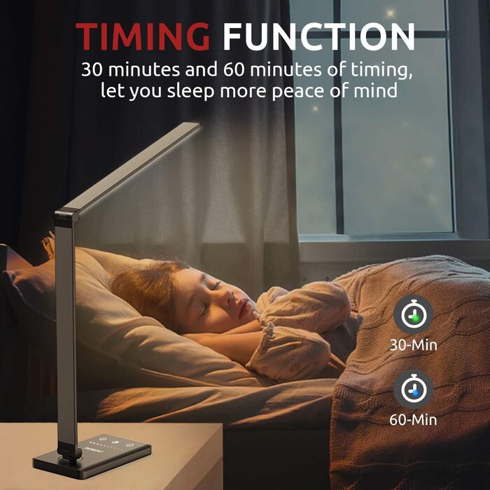 LED настільна лампа з регулюванням яскравості, 5 кольорів та 10 рівнів, захист очей, сенсорне керування, складна, нічна лампа з акумулятором 2500mAh (чорний)